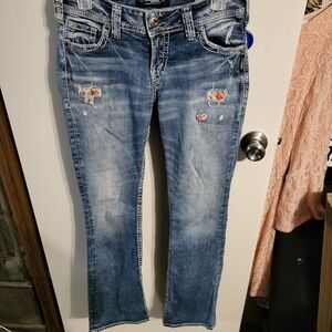 WOMANS SILVER SUKI EMBROIDERED STRAIGHT LEG JEANS SIZE 27